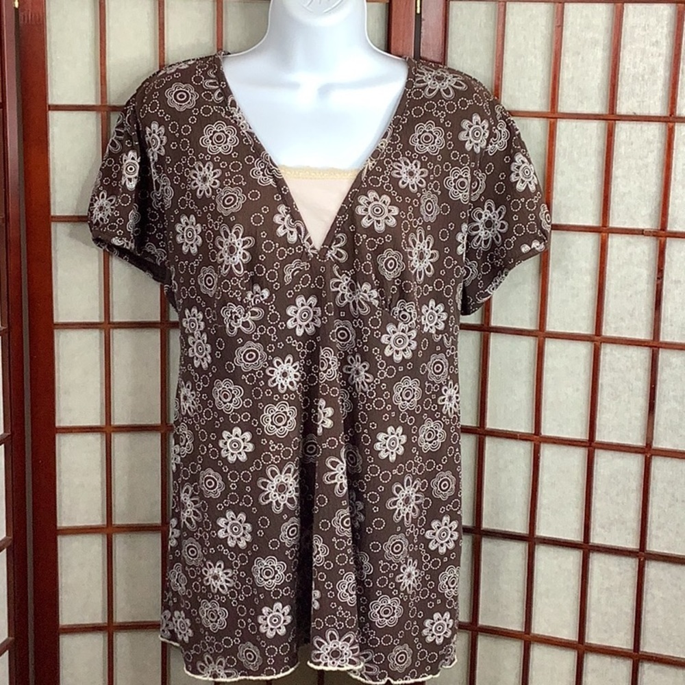 Cato XL Top Tie Back Blouse Faux Appliqué Floral Print Short Cap Sleeve Shirt